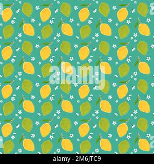 Yellow lemons and green limes. Seamless pattern on a blue background. Fruit illustration. Vector.  Stock Vector