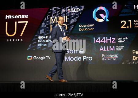 Las Vegas, United States. 04th Jan, 2023. David Gold, President of Hisense USA speaks on stage during the 2023 International CES, at the Mandalay Bay Convention Center in Las Vegas, Nevada on Wednesday, January 4, 2023. Photo by James Atoa/UPI Credit: UPI/Alamy Live News Stock Photo