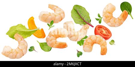 Falling shrimp salad ingredients isolated on white background Stock Photo