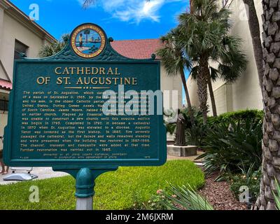 St. Augustine, FL USA - July 14, 2021:  The sign at the Cathedreal of St. Augustine in the historic area of St. Augustine, Florida one of the oldest c Stock Photo