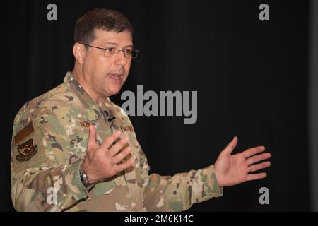 Maj. Gen. Andrew Gebara, 8th Air Force and Joint-Global Strike Operations Center commander, speaks to the 7th Bomb Wing during an all-call at Dyess Air Force Base, Texas, April 29, 2022. Gebara is responsible for the service’s bomber force and airborne nuclear command and control assets, encompassing approximately 21,000 Airmen across six installations. Stock Photo