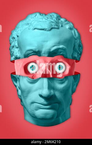 Collage with antique sculpture of human face in pop art style. Modern creative concept image with ancient statue head. Zine cult Stock Photo