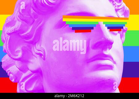 Collage with plaster antique sculpture of human face in a pop art style. Modern creative concept image with ancient statue head. Stock Photo