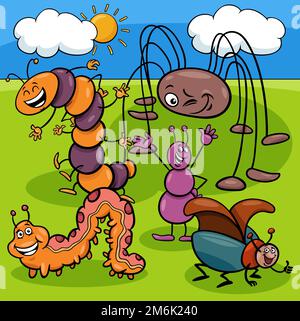 Cartoon insects animal characters group coloring page Stock Photo - Alamy