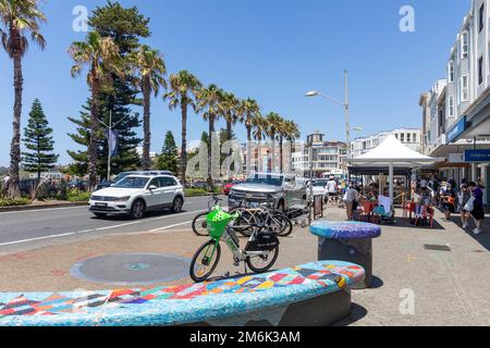 Bondi Beach street scene, view along campbell parade with cafes and restaurants, people eating,Bondi,Sydney,NSW,Australia Stock Photo