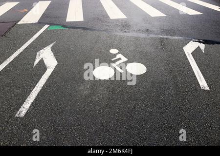 arrows, bicycle icon and zebra crossing on the asphalt of a city road Stock Photo