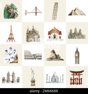 Collection of architectural landmarks painted by watercolor Stock Vector
