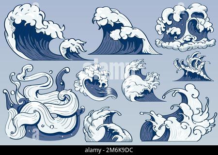 Blue Japanese wave background collection vectors Stock Vector