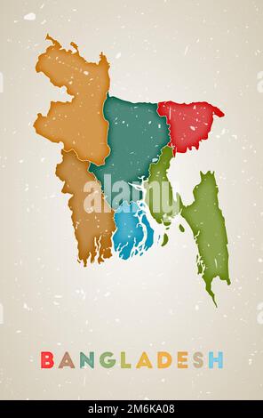 Bangladesh map. Country poster with colored regions. Old grunge texture. Vector illustration of Bangladesh with country name. Stock Vector