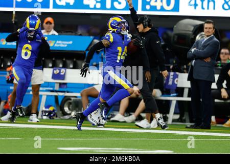 INGLEWOOD, CA - DECEMBER 25: Los Angeles Rams cornerback Cobie Durant (14) gets a interception with 84 yard interception during the Denver Broncos vs Stock Photo