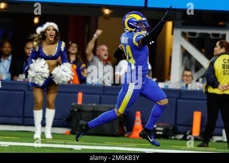 INGLEWOOD, CA - DECEMBER 25: Los Angeles Rams cornerback Cobie Durant (14) gets a interception with 84 yard interception during the Denver Broncos vs Stock Photo