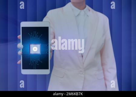 Lady Pressing Screen Of Mobile Phone Showing The Futuristic Technology. Palm Tapping Cell Phone Inside Room Presenting Modern Au Stock Photo