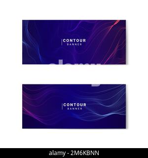 Blue and pink abstract map contour lines banners set Stock Vector