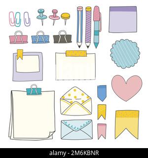 Note papers and office supplies doodle vector set Stock Vector