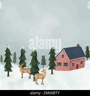 Hand-drawn fallow deer in a snow-covered village Stock Vector