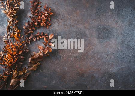 Old rusty metal sheet as grunge design with cottage style decoration and copy space right as background Stock Photo