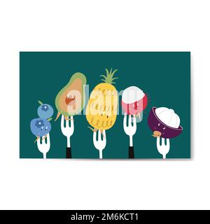 Fresh tropical fruit cartoons on forks vector Stock Vector