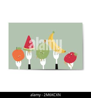 Fresh tropical fruit cartoon characters on forks vector Stock Vector