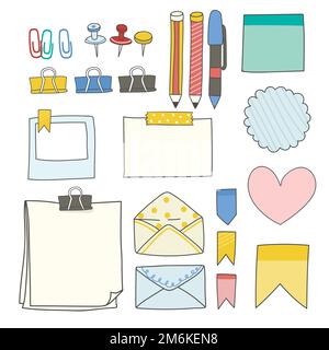 Note papers and office supplies doodle vector set Stock Vector