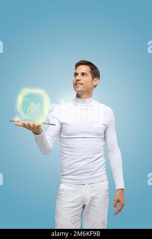 High-tech researchers and hologram Stock Photo