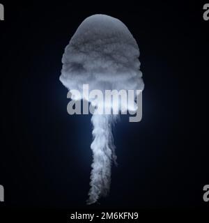 White smoke cloud in the form of a mushroom with illumination on a dark background. Blurred image. 3d rendering Stock Photo
