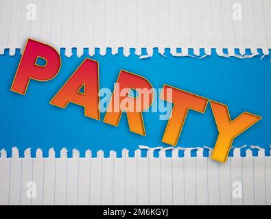Party text with Torn, Crumpled White Paper on colored background. Stock Photo