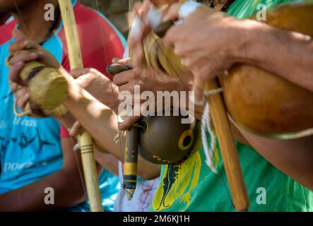 Berimbau players during presentation of Brazilian capoeira fight Stock Photo