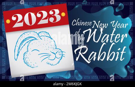 Loose-leaf calendar with bunny head in hand drawn style and liquid splashes, celebrating the Chinese New Year of the water rabbit in 2023. Stock Vector