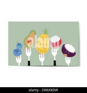 Fresh tropical fruit cartoons on forks vector Stock Vector