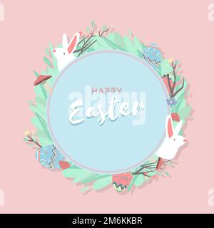 Easter eggs hunt festival round blue frame vector Stock Vector