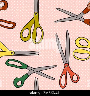 Hand drawn seamless pattern with scissors on beige background. Tailor cute sew hairdresser hairstyling design, barber salon, retro vintage stationary tailoring sewing hobby fabric print Stock Photo