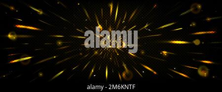 Sparks in motion with blur and bokeh, speed light effect. Flare with golden lines perspective view. Overlay zoom, fire pace, flame, burst abstract high-speed movement, Realistic 3d vector dynamic trails Stock Vector