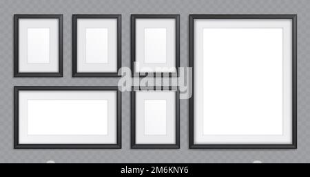 Black frames collage isolated on transparent background. Realistic vector illustration of elements for gallery or room interior design, rectangular picture photo templates of different size Home decor Stock Vector