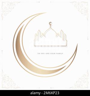 Eid Mubarak card with a crescent moon and a mosque pattern background Stock Vector