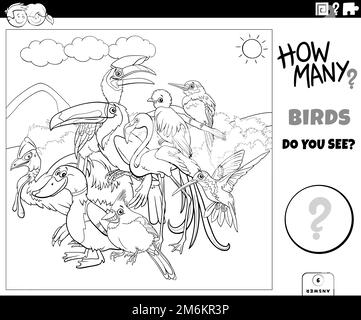 Counting cartoon animals educational game coloring book page Stock Photo