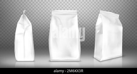 White blank plastic or foil pack realistic vector. Bag or pouch for snacks, sweets and coffee, front and side view, illustrations isolated on transparent background, mock up for packaging design Stock Vector