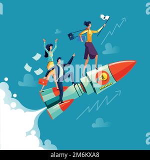 Businesswoman flying on rocket on background of sky, clouds and growth arrows, business concept cartoon vector. Successful female leader with number one flag and team flies on speed spaceship, startup Stock Vector