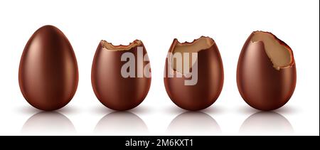 Chocolate egg whole and bitten realistic vector illustration. Collection of Easter chocolate sweets in eggs shape at different stages of eating, isolated on white background Stock Vector