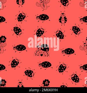 Seamless pattern with cute ladybugs on light red background. Vector illustration in doodle hand drawing style. Endless background for decor, design, t Stock Vector