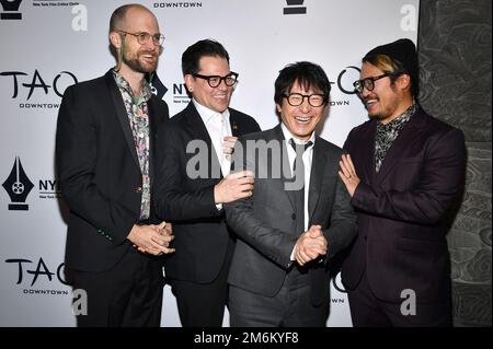 Director Daniel Scheinert, left, producer Jonathan Wang, best supporting actor honoree Ke Huy Quan and director Dan Kwan from 'Everything Everywhere All at Once' attend the New York Film Critics Circle Awards at Tao Downtown, New York, NY, January 4, 2023. (Photo by Anthony Behar/Sipa USA) Stock Photo