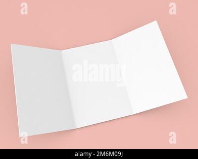 Blank trifold brochure mockup on pink background. 3d render illustration. Stock Photo