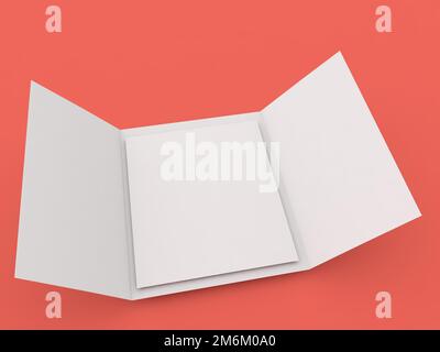 Blank trifold brochure mockup A4 on red background. 3d render illustration. Stock Photo