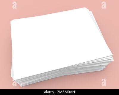 White sheets of A4 office paper on a pink background. 3d render illustration. Stock Photo