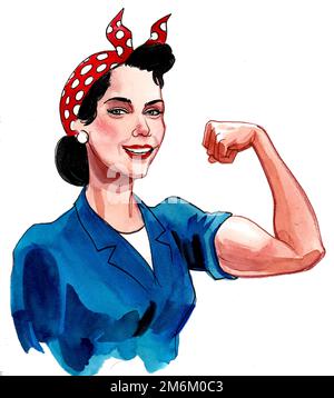 Strong pin-up styled woman flexing biceps. Ink and watercolor drawing Stock Photo