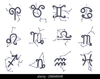 Vector set of zodiac signs with constellations in doodle style isolated on white background. Horoscope symbols clip art. Stock Photo