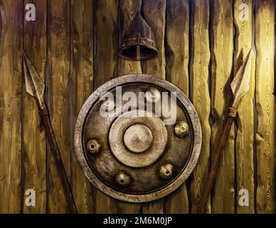 A bronze shield helmet and spears hang on a wooden wall. Knight armour. Decor in medieval style Stock Photo