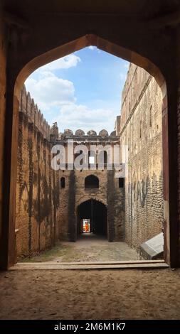 INDIA, MADHYA PRADESH, BHIND, October 2022, Tourist at the entrance of the fort, view from inside the fort, Ater Fort Stock Photo