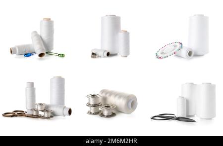 Collage of threads with tailor's pins on white background Stock Photo ...