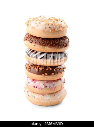 Stack of different donuts on white background Stock Photo