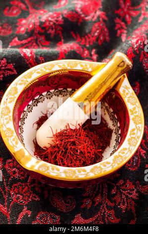Saffron in the mortar Stock Photo
